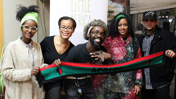 Performers and organizers at Little Africa's open mic and dialogue series held at Snelling Cafe on January 20, 2016. Photo: Courtesy AEDS