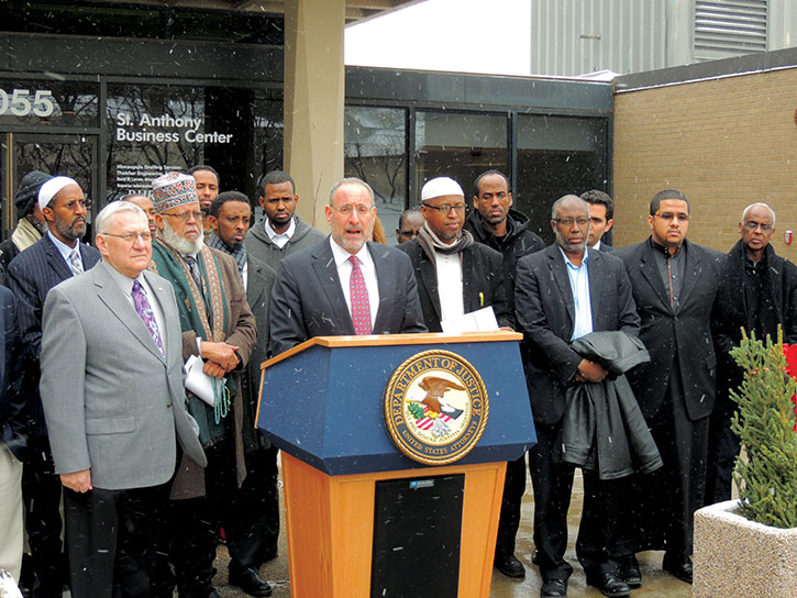 U.S. Attorney for Minnesota Andrew Luger (at podium) continues to face pushback from a large section of the Somali community in his anti-radicalization efforts.