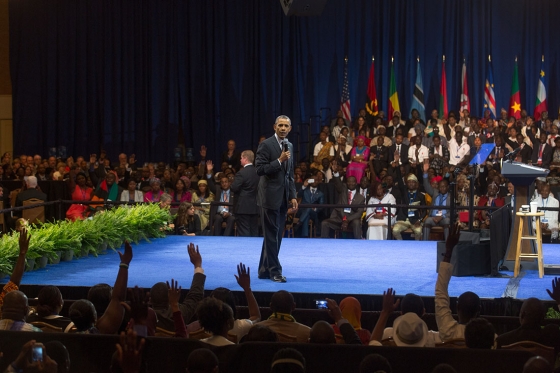 President Barack Obama delivers remarks and answers questions at the Young African Leaders Initiative town hall in Washington, D.C., July 28, 2014. The president will host African presidents in the first ever US-Africa Summit that starts August 4, 2014. Photo: Chuck Kennedy/White House