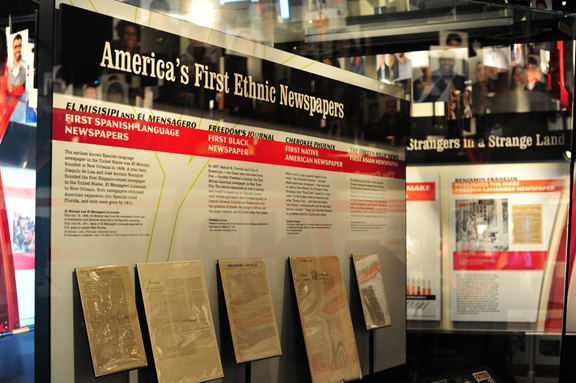 A display of America’s first ethnic newspapers at the Newseum. Photo: Jonathan Thompson/Newseum