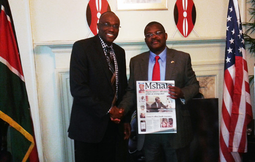Mshale founder and publisher, Tom Gitaa (left) on December 19, 2014 met with Kenya's new ambassador to the United States, Robinson Njeru Githae, to welcome him and to discuss the Kenya Diaspora Policy Paper launched in the Summer of 2014 by the ministry of Foreign Affairs. Photo: Courtesy Embassy of Kenya, Washington. 