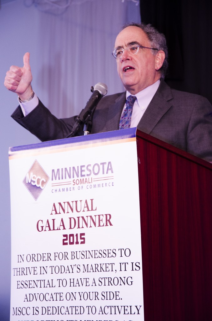 Bill Blazer, interim president of the Minnesota Chamber of Commerce delivered the keynote address at Minnesota Somali Chamber of Commerce's first gala dinner on Saturday, January 10, 2015. Photo: Kaamil Haider/Mshale