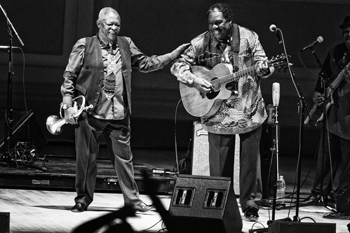 Hugh Masekela and Vusi Mahlasela when they performed together at Carnegie Hall on October 10, 2014. They will appear together at the Ordway on Saturday, March 7 2015. Photo: Courtesy of Hugh Masekela