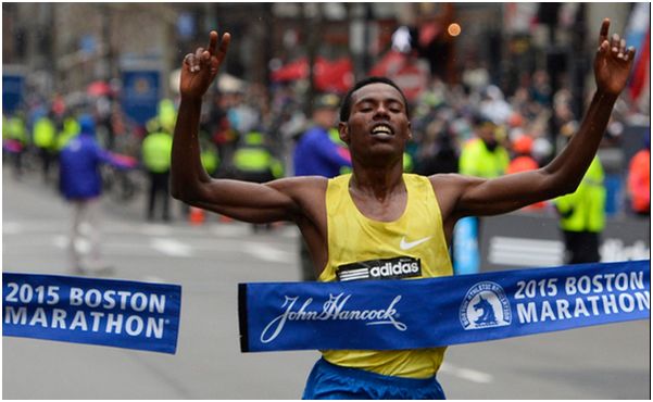 Lelisa Desisa of Ethiopia won the Boston Marathon again on Monday, April 20 2015. The last time he won in 2013 it was during the marathon bombings and he gave that medal to the City of Boston. Photo: Fox News Screenshot
