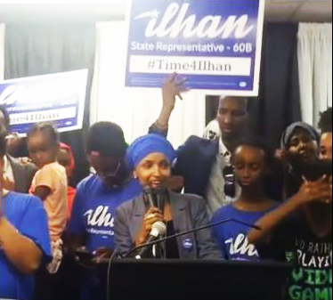 Ilhan Omar addressing supporters after emerging triumphant in Minnesota House District 60B Democratic primary on August 9, 2016 making her the presumptive representative come November. Photo: Tom Gitaa/Mshale