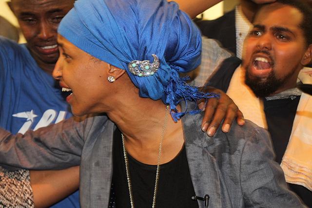 Ilhan Omar celebrating her primary victory with supporters on Tuesday, August 9, 2016. Photo: Ibrahim Hirsi/MinnPost