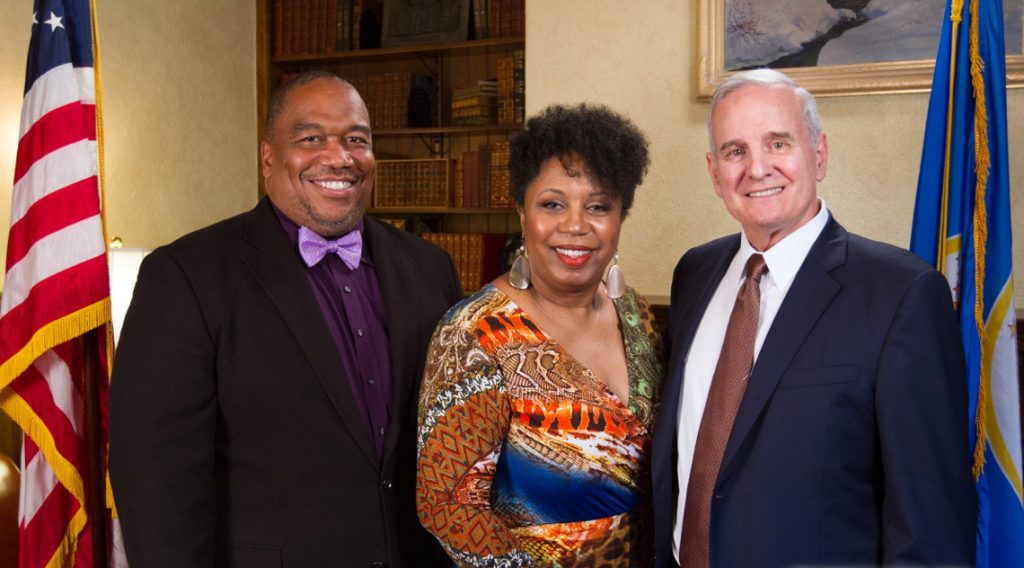 People of Color Career Fair founder, Sharon Smith-Akinsanya (Center) with the Chief Inclusion Officer, State of Minnesota, James Burroughs (left) and Governor Mark Dayton of Minnesota. The State of Minnesota along with U.S. Bank and Midco are teh key sponsors of the People of Color Careef Fair that will be held on October 18, 2016 at the Minneapolis Convention Center. Photo: courtesy Rae Mackenzie Group.