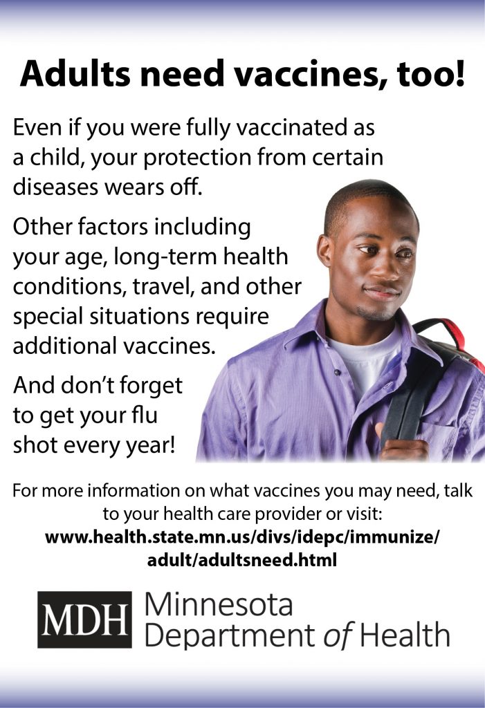 Even if you were fully vaccinated as a child, your protection from certain diseases wears off. All adults need a yearly influenza vaccine. 