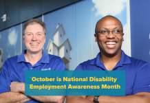 Photo of two male coworkers who are both wearing blue polos and have their arms crossed. At the bottom is yellow text on a teal box that reads “October is National Disability Employment Awareness Month