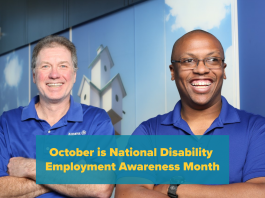 Photo of two male coworkers who are both wearing blue polos and have their arms crossed. At the bottom is yellow text on a teal box that reads “October is National Disability Employment Awareness Month