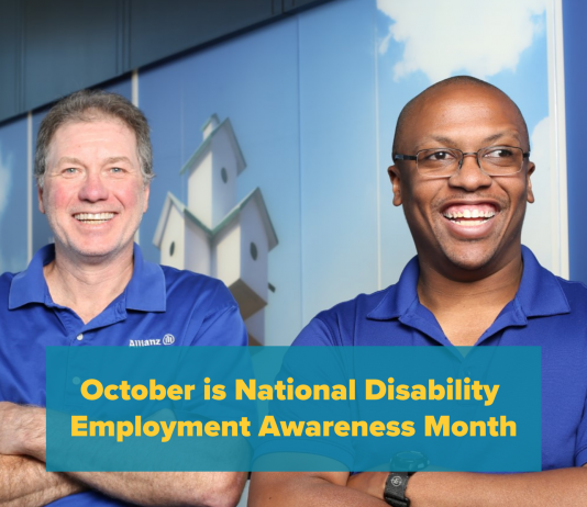 Photo of two male coworkers who are both wearing blue polos and have their arms crossed. At the bottom is yellow text on a teal box that reads “October is National Disability Employment Awareness Month