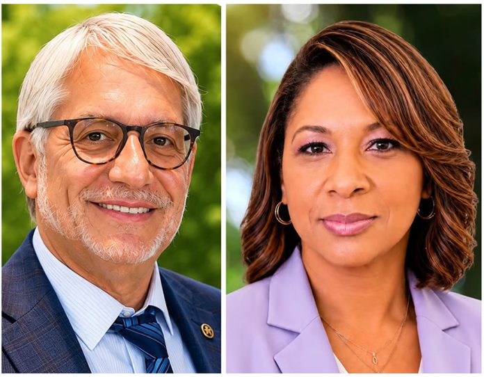 Mshale Newspaper Collage of Koenig and Kragness Brooklyn Center mayoral candidates Alexander Koenig, left, and Teneshia Kragness shown side by side.