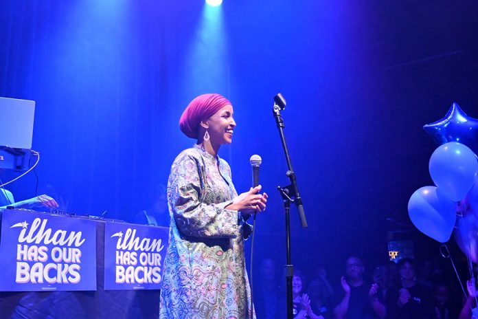 U.S. Rep. Ilhan Omar celebrates her 2026 Democratic primary victory at Icehouse in Minneapolis.