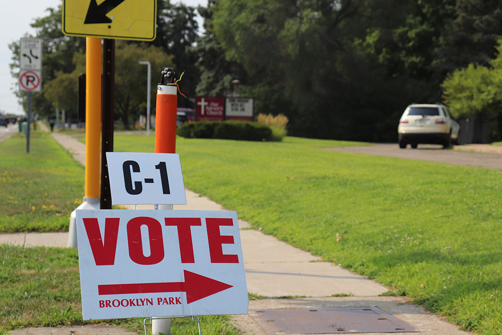 Minnesotans head to the polls for primary election 1 Vote Here Sign at Our Saviors Church in Brooklyn Park